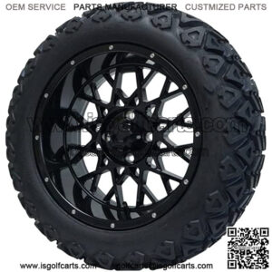15" Black Golf Cart Wheels and 23"x10"-15 DOT rated All-Terrain tires - Set of 4, includes Black 'SS' center caps and 1/2x20 Black lug nuts