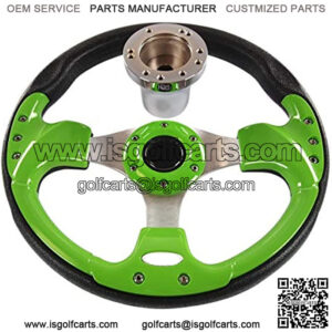 12.5 Inch Lime Green Racing Style Golf Cart Steering Wheel for EZGO 1994.5-Up Gas & Electric Models, Racing Style, Super Sport Center Logo, Brushed Aluminum Spokes and Anti-Slip Grip