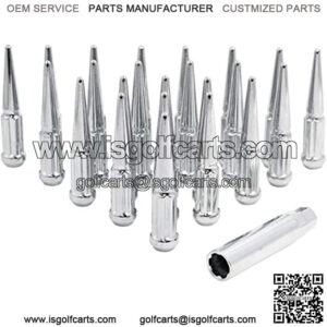 Wheel Accessories Parts Set of 24 Chrome Spiked Solid Metal Lug Nuts M12x1.25 Thread 4.4 Inch Tall Closed End Bulge Acorn Spike Lug Nut 1 Long Socket Key