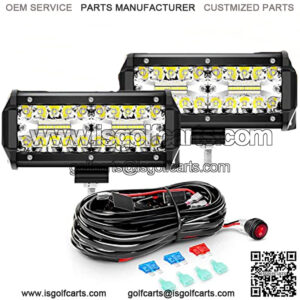 2PCS 6.5 Inch 120W Triple Row LED Pods Flood Light Bar Fog Light Driving Lighting with 16AWG Off Road Wiring Harness-2 Leads for Truck Golf Cart SUV ATV UTV Boat