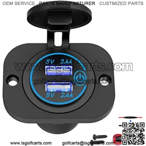 Dual USB Socket 12V Marine Outlet with Switch Golf Cart USB Port 12 Volt DC Car Charger Mount Waterproof Cigarette Lighter Power Adapter DIY Kit Fast Charge with Blue LED for Boat Motorcycle ATV RV