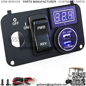 Golf Cart Key Console Switch Plate Multifunctional Panel for 2003+ EZGO TXT PDS Electric, Forward Reverse Switch Button & LED Digital Voltmeter & 12V Quick Charge 3.0 Dual USB Socket 3 in 1