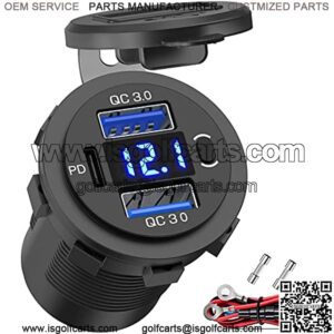 12V USB Outlet Qidoe Dual 18W Quick Charge 3.0 Port & 20W PD 12V USB C Car Charger Socket with Voltmeter and Power Switch, Waterproof Multiple Car USB Port Adapter for Car Boat Marine Truck Golf RV