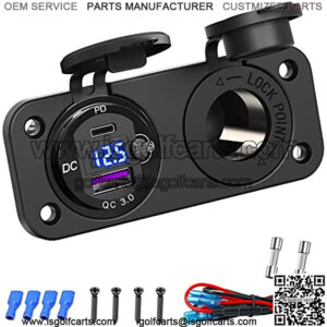 Cigarette Lighter Socket 12 Volt USB Outlet: PD 20W USB C and QC3.0 Car USB Port Aluminum Metal 12V Plug, 150W Car Charger USB Socket Panel with Power Switch LED Voltmeter for Marine Boat RV Golf Cart