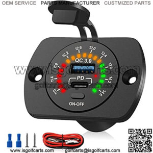 12V USB Outlet Panel, USB C Car Charger Socket Quick Charge 3.0 USB Car Charger Socket 12V/24V with Switch Colorful Voltmeter QC3.0 Socket Power Outlet for Marine, Boat, Motorcycle, Truck, Golf Cart