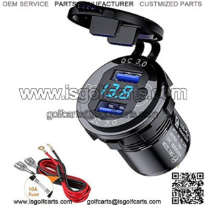 3.0 USB Quick Charger Socket, 12V/24V Dual USB Charger Socket with Switch On/Off and Waterproof LED Digital Voltemeter for Marine, Boat, Motorcycle, Truck and More (Blue)