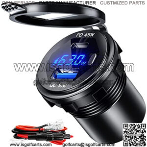 USB C Car Charger Socket 12V/24V USB Outlet, 45W PD Type C & 18W QC 3.0 Car Dual USB Port with LED Voltmeter & Button Switch DIY Car Socket for Car Boat Marine Bus Truck Golf RV Motorcycle GOBGOD