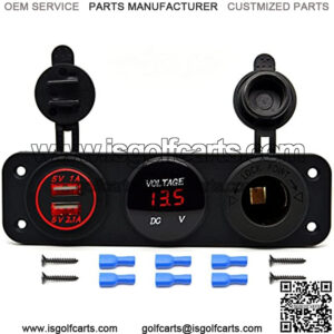 Triple Function Dual USB Charger + LED Voltmeter + 12V Outlet Power Socket Panel Jack for Car Boat Marine Digital Devices Mobile Phone Tablet (Red LED)