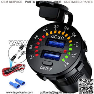 Quick Charge 3.0 Car Charger, Waterproof 36W Dual USB QC3.0 Fast Charging Socket Power Outlet with Voltmeter & Switch & 10A Fuse Built-in for 12V/24V Vehicles