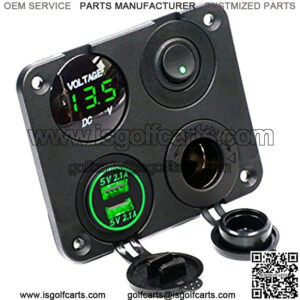 Dual USB Socket Charger 2.1A&2.1A + LED Voltmeter + 12V Power Outlet + ON-Off Toggle Switch Four Functions Panel for Car Boat Marine RV Truck Camper Vehicles GPS Mobiles (Green)