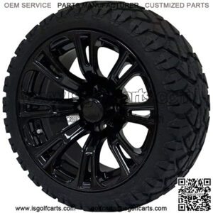 14" Black 'Voodoo' Golf Cart Wheels and 20"x8.5"-14 STINGER On-Road/Off-Road DOT rated All-Terrain tires - Set of 4, includes Black 'SS' center caps and 1/2x20 Black lug nuts