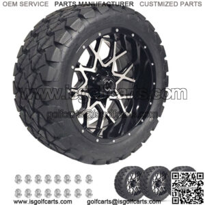Golf Cart Wheels 14" CHAOS Machine/Black on 22" A/T Tires Carts Set of 4