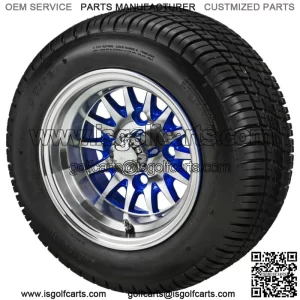 (4)Golf Cart 205/50-10 Tire on 10x7 Machined/Blue 14-Spoke Wheel Free Freight