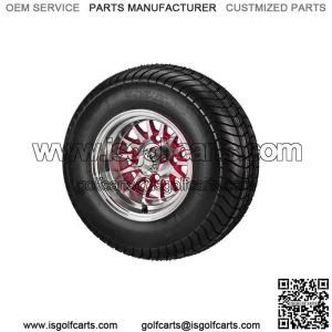 (4)Golf Cart 205/65-10 DOT Tires on 10x7 Machined/Red 14-Spoke Wheels
