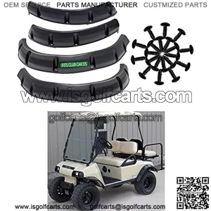 Pack of 4 DS (1993 & up) Golf Cart Fender Flares for Front and Rear Wheels with Rigid Injection-Molded Plastic and Self-Tapping Screws for Gas/Electric Models.