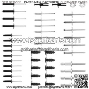 Complete Body Rivet Kit for EZGO TXT 1996-up Models, 42 PCS Aluminum Rivets, Stainless Steel Rivets & Plastic Ratchet Fastener, 2 PCS Nameplate Nuts