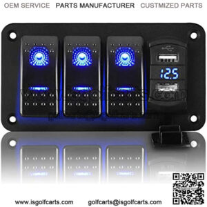 Boat Switch Panel Waterproof, 3 Gang ON Off Toggle Switch Aluminum Panel with 4.8A Dual USB Charger Socket with Blue LED Digital Voltmeter Gauge on Marine, Boat, Car, Golf Cart, UTV, ATV