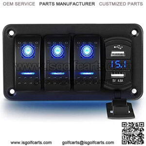 3 Gang Rocker Switch Panel with 4.8 Amp Dual USB Charger Voltmeter Waterproof 12V 24V DC Rocker Switch with Night Glow Stickers for Cars Trucks Boats RVs