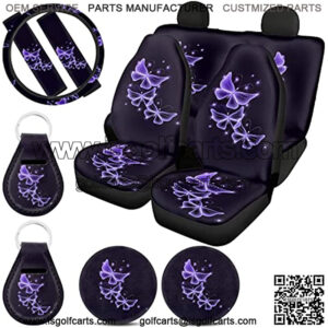 Girly Purple Butterfly Car Seat Covers Full Set for Women Front Rear Split Bench Seats with Steering Wheel Cover,Harness Pads,Cup Holder Coasters,Auto Keychains 11 Pieces