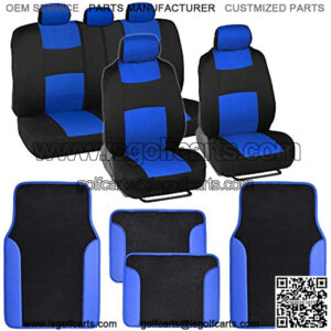 Blue Combo Fresh Design Matching All Protective Seat Covers (2 Front 1 Bench) with Heavy Protection Sleek Graphic Auto Carpet Floor Mats (4 Set)