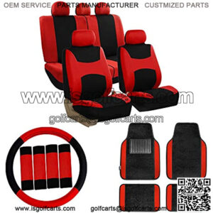 FH Group Car Seat Covers Combo Full Set with Carpet Floor mats Steering Wheel Cover and Seat Belt Pads- Universal Fit for Cars Trucks and SUVs (Red)