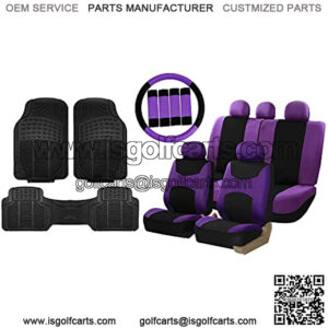 FH Group Light & Breezy Cloth Full Set Car Seat Covers (Purple/Black) Combo Set: Steering Wheel Cover, Seat Belt Pads and Black Vinyl Floor Mats ?C Universal Fit for Cars Trucks & SUVs