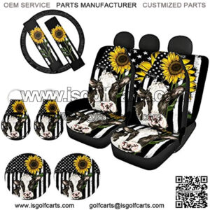Sunflower Cow Car Seat Covers Full Set for Women Men with Steering Wheel Covers Pad Coaster Front Rear Back Bench Seatcover Protection Automotive Accessories Combo Kit Universal Fit Decor